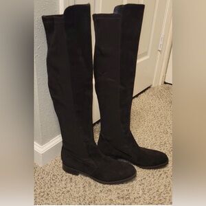 AUDREY BROOKE TAMELA OTK BOOTS 7.5 DARK BROWN SUEDE AND STRETCH 50/50 ($179)
